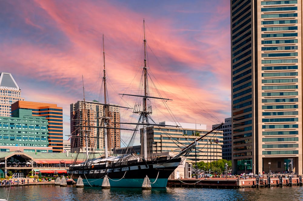 USS Constalation Skyline of Baltimore Maryland with USS Constellation as the center piece.